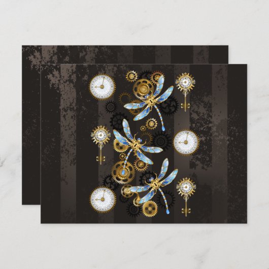 Steampunk Dragonflies op bruine gestreepte achterg Feestdagenkaart (Voorkant / Achterkant)