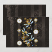 Steampunk Dragonflies op bruine gestreepte achterg Feestdagenkaart (Voorkant / Achterkant)