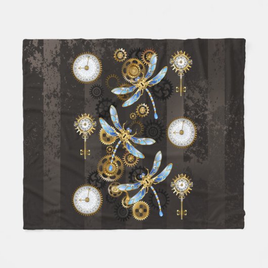 Steampunk Dragonflies op bruine gestreepte achterg Fleece Deken (Voorkant (Horizontaal))