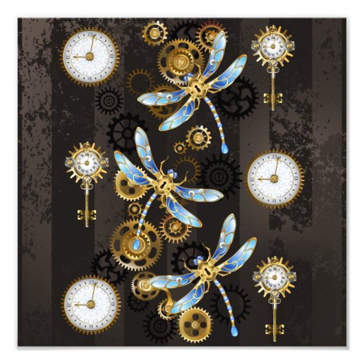 Steampunk Dragonflies op bruine gestreepte achterg Foto Afdruk (Voorkant)