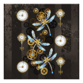 Steampunk Dragonflies op bruine gestreepte achterg Foto Afdruk (Voorkant)