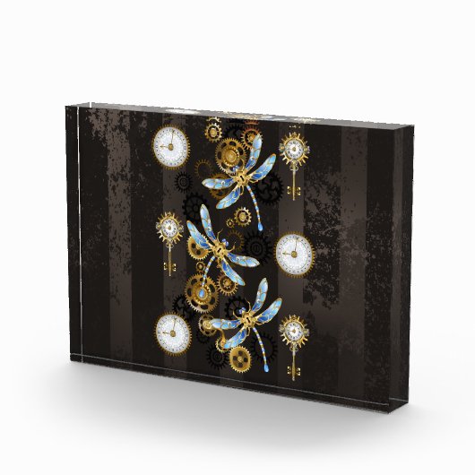 Steampunk Dragonflies op bruine gestreepte achterg Fotoblokken (Rechts)