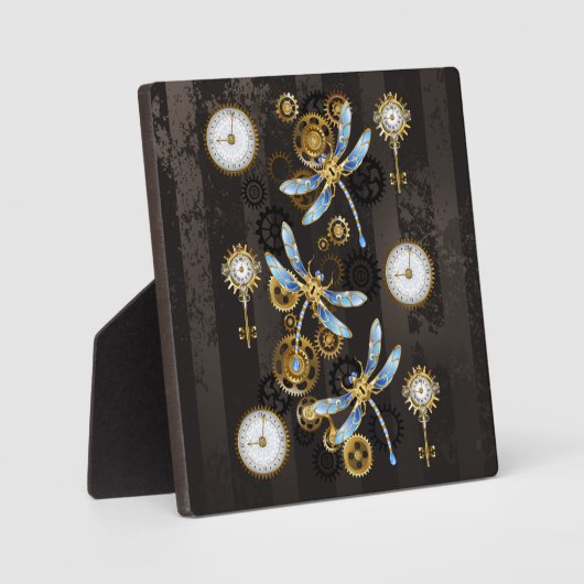 Steampunk Dragonflies op bruine gestreepte achterg Fotoplaat (Voorkant)