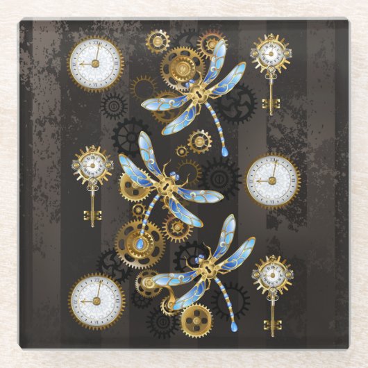 Steampunk Dragonflies op bruine gestreepte achterg Glazen Onderzetter (Voorkant)