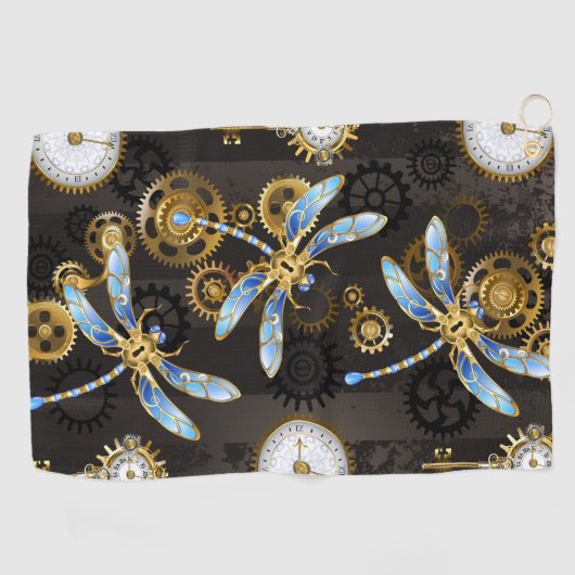 Steampunk Dragonflies op bruine gestreepte achterg Golfhanddoek (Horizontaal)