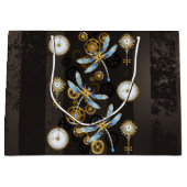 Steampunk Dragonflies op bruine gestreepte achterg Groot Cadeauzakje (Voorkant)