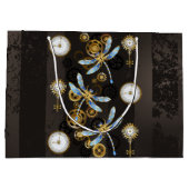 Steampunk Dragonflies op bruine gestreepte achterg Groot Cadeauzakje (Achterkant)