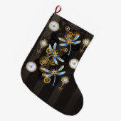 Steampunk Dragonflies op bruine gestreepte achterg Grote Kerstsok (Voorkant (Hangend))