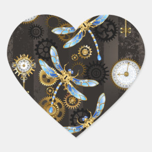 Steampunk Dragonflies op bruine gestreepte achterg Hart Sticker