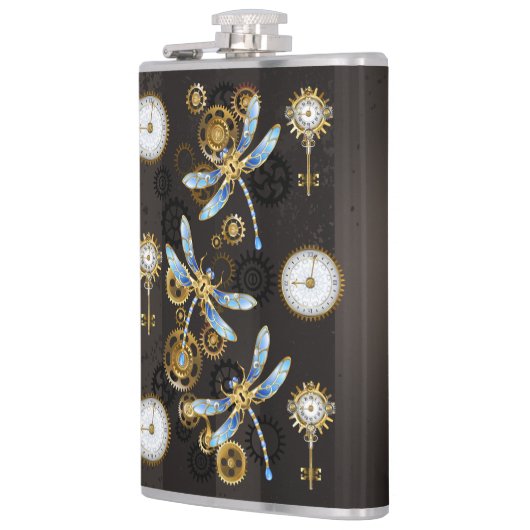 Steampunk Dragonflies op bruine gestreepte achterg Heupfles (Links)