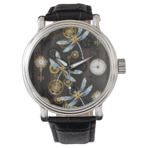 Steampunk Dragonflies op bruine gestreepte achterg Horloge