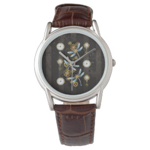 Steampunk Dragonflies op bruine gestreepte achterg Horloge
