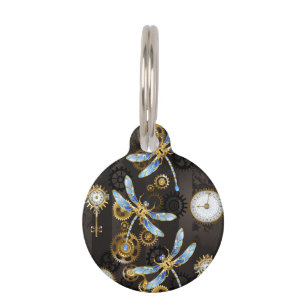 Steampunk Dragonflies op bruine gestreepte achterg Huisdierpenning