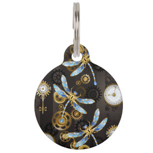 Steampunk Dragonflies op bruine gestreepte achterg Huisdierpenning