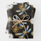 Steampunk Dragonflies op bruine gestreepte achterg Inpakpapier Vel (In situ)