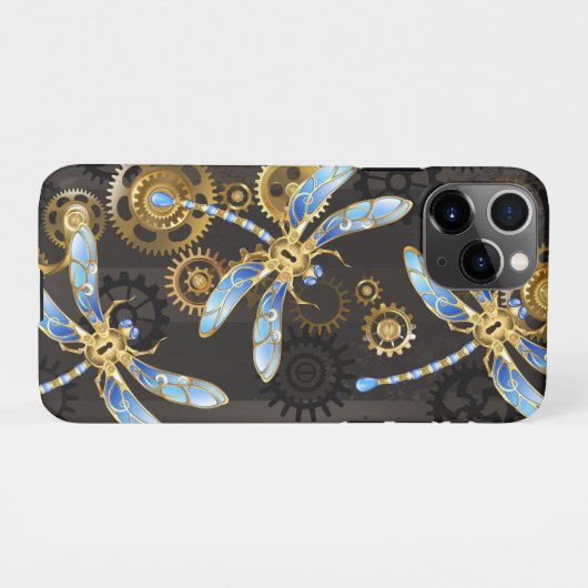 Steampunk Dragonflies op bruine gestreepte achterg iPhone Hoesje (Achterkant horizontaal)