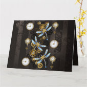 Steampunk Dragonflies op bruine gestreepte achterg Kaart (Gele Bloem)