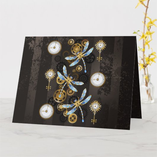 Steampunk Dragonflies op bruine gestreepte achterg Kaart (Gele Bloem)