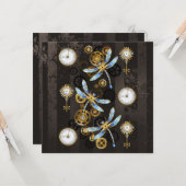 Steampunk Dragonflies op bruine gestreepte achterg Kaart (Voorkant / Achterkant in situ)