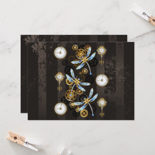 Steampunk Dragonflies op bruine gestreepte achterg Kaart (Voorkant / Achterkant in situ)