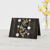 Steampunk Dragonflies op bruine gestreepte achterg Kaart (Gele Bloem)