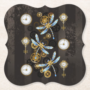 Steampunk Dragonflies op bruine gestreepte achterg Kartonnen Onderzetters
