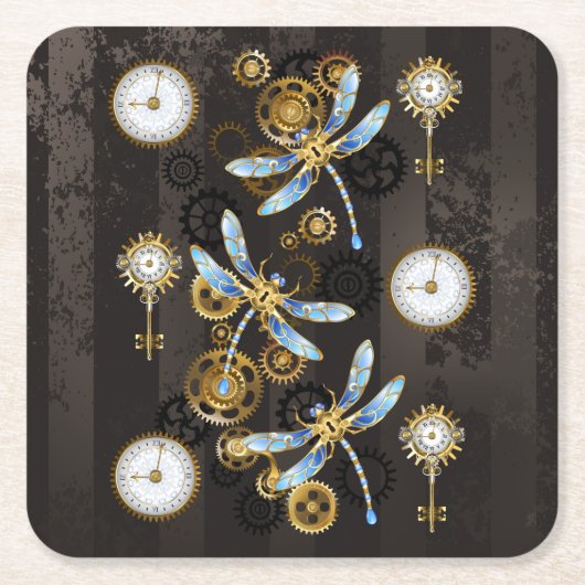 Steampunk Dragonflies op bruine gestreepte achterg Kartonnen Onderzetters (Voorkant)