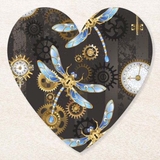 Steampunk Dragonflies op bruine gestreepte achterg Kartonnen Onderzetters (Voorkant)