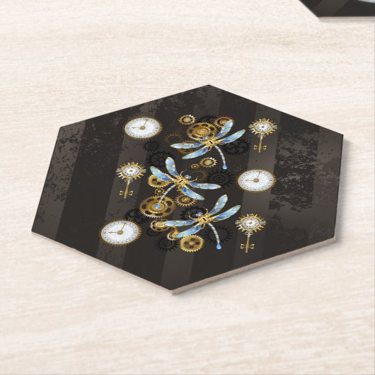 Steampunk Dragonflies op bruine gestreepte achterg Kartonnen Onderzetters (Schuin)
