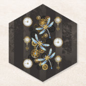 Steampunk Dragonflies op bruine gestreepte achterg Kartonnen Onderzetters (Voorkant)