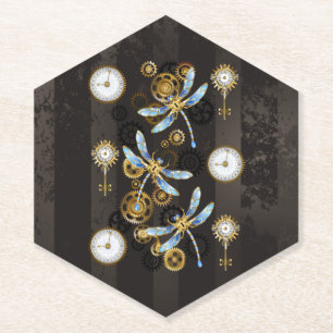 Steampunk Dragonflies op bruine gestreepte achterg Kartonnen Onderzetters