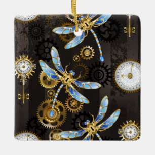 Steampunk Dragonflies op bruine gestreepte achterg Keramisch Ornament