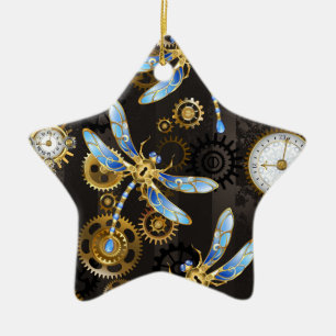 Steampunk Dragonflies op bruine gestreepte achterg Keramisch Ornament