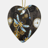 Steampunk Dragonflies op bruine gestreepte achterg Keramisch Ornament (Links)