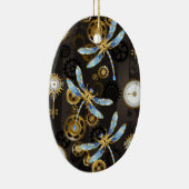 Steampunk Dragonflies op bruine gestreepte achterg Keramisch Ornament (Rechts)