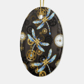 Steampunk Dragonflies op bruine gestreepte achterg Keramisch Ornament (Links)