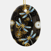 Steampunk Dragonflies op bruine gestreepte achterg Keramisch Ornament (Achterkant)