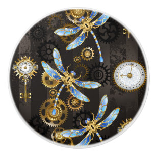 Steampunk Dragonflies op bruine gestreepte achterg Keramische Knop