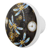 Steampunk Dragonflies op bruine gestreepte achterg Keramische Knop (Rechts)