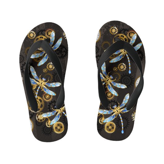 Steampunk Dragonflies op bruine gestreepte achterg Kinder Teenslippers (Voetbed)