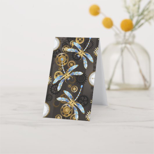 Steampunk Dragonflies op bruine gestreepte achterg Klantenkaartje (Achterkant)