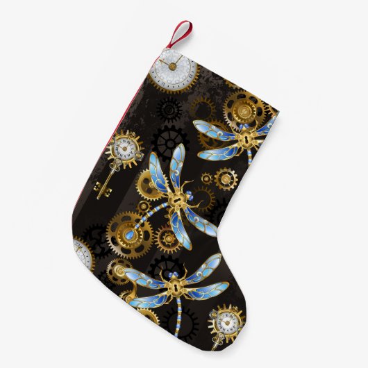 Steampunk Dragonflies op bruine gestreepte achterg Kleine Kerstsok (Voorkant (Hangend))