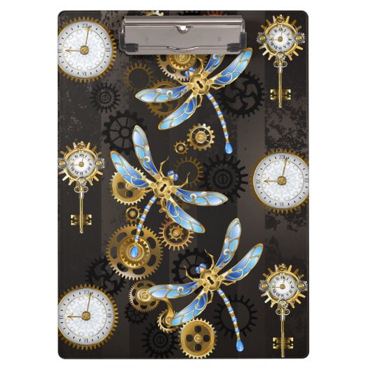 Steampunk Dragonflies op bruine gestreepte achterg Klembord (Voorkant)