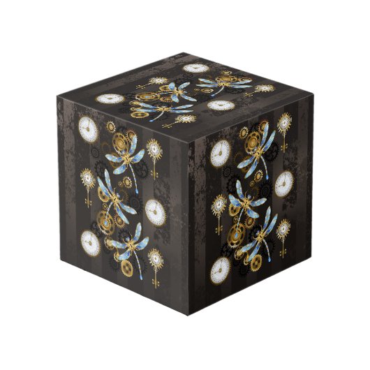 Steampunk Dragonflies op bruine gestreepte achterg Kubus (Voorkant hoekig)