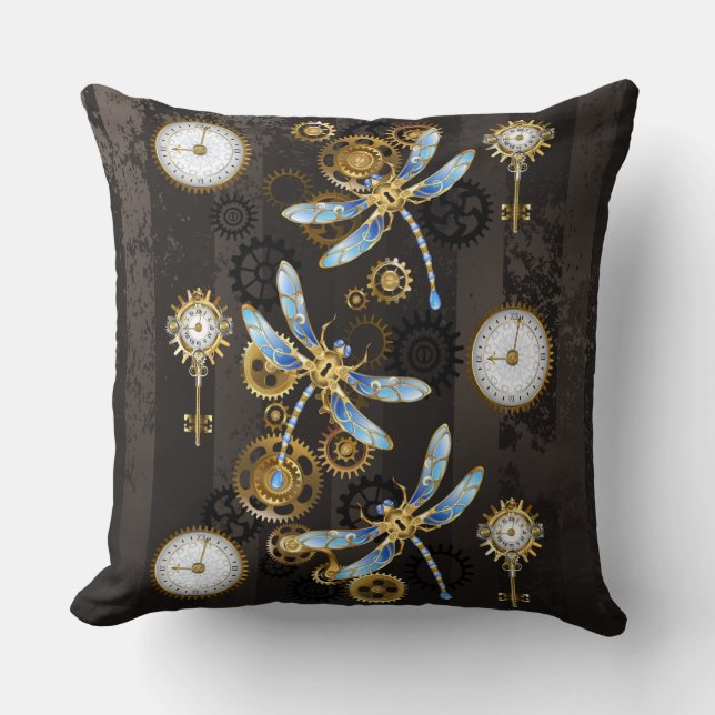 Steampunk Dragonflies op bruine gestreepte achterg Kussen (Voorkant)