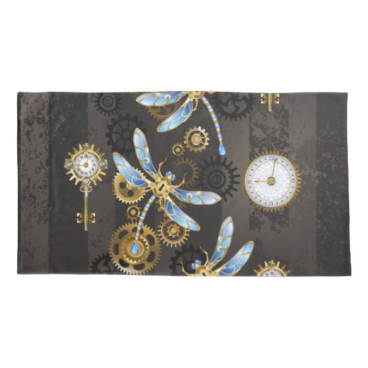 Steampunk Dragonflies op bruine gestreepte achterg Kussensloop (Achterkant-Links)