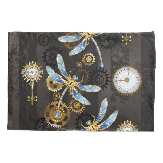 Steampunk Dragonflies op bruine gestreepte achterg Kussensloop (Achterkant-Links)