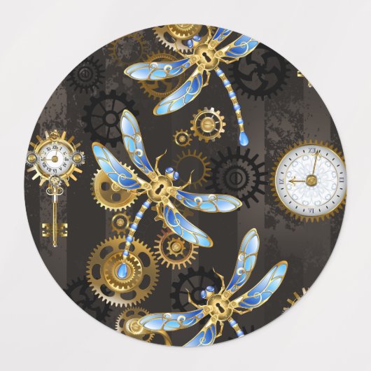 Steampunk Dragonflies op bruine gestreepte achterg Labels (Design 1)