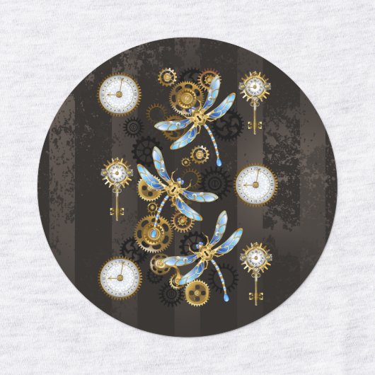 Steampunk Dragonflies op bruine gestreepte achterg Labels (Design 1)