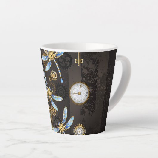 Steampunk Dragonflies op bruine gestreepte achterg Latte Mok (Rechterhoek)